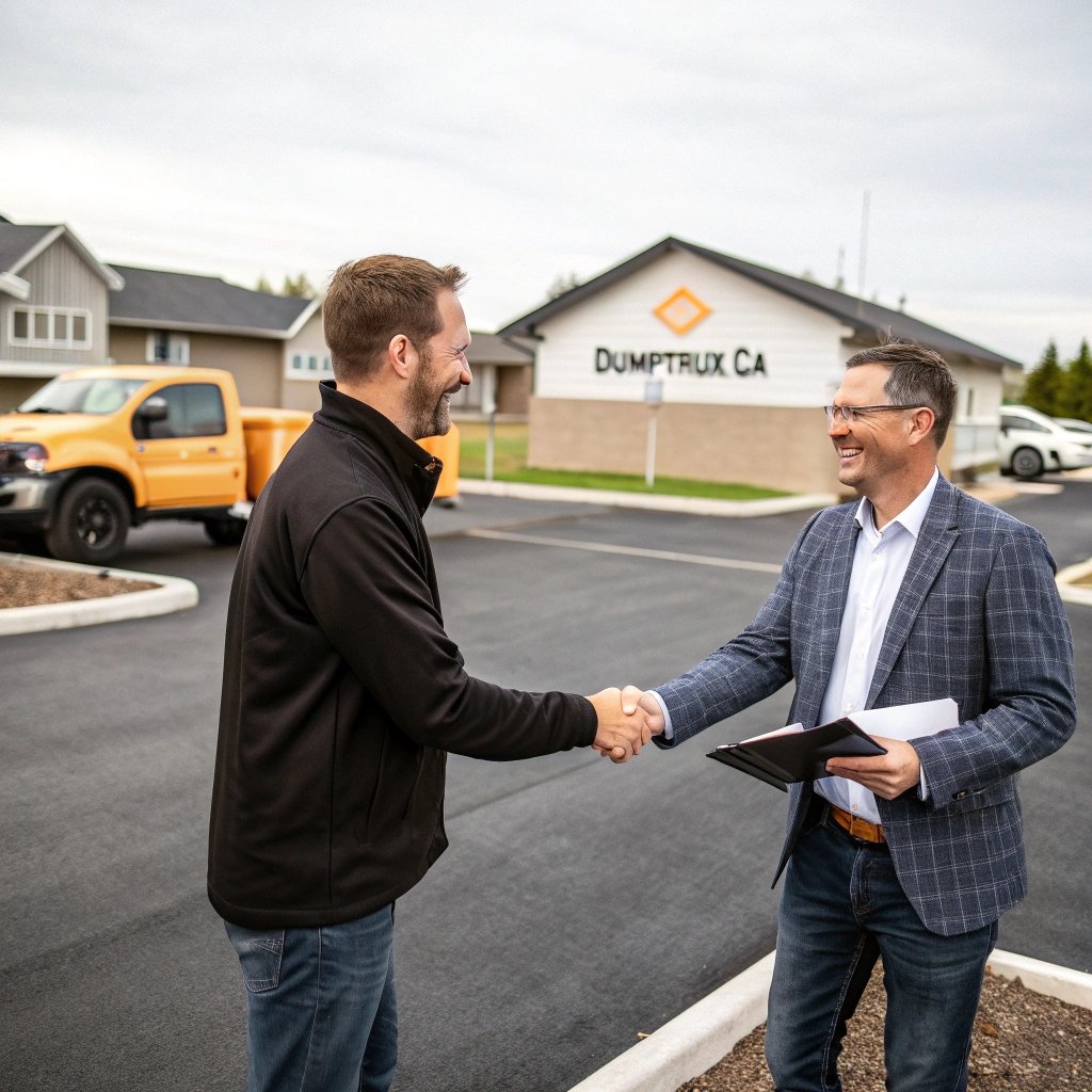 Two men shaking hands outside in a parking lot, smiling, with a building in the background that reads "DUMPTRUX CA." One man is wearing a black jacket, and the other a gray checkered blazer, holding a folder.