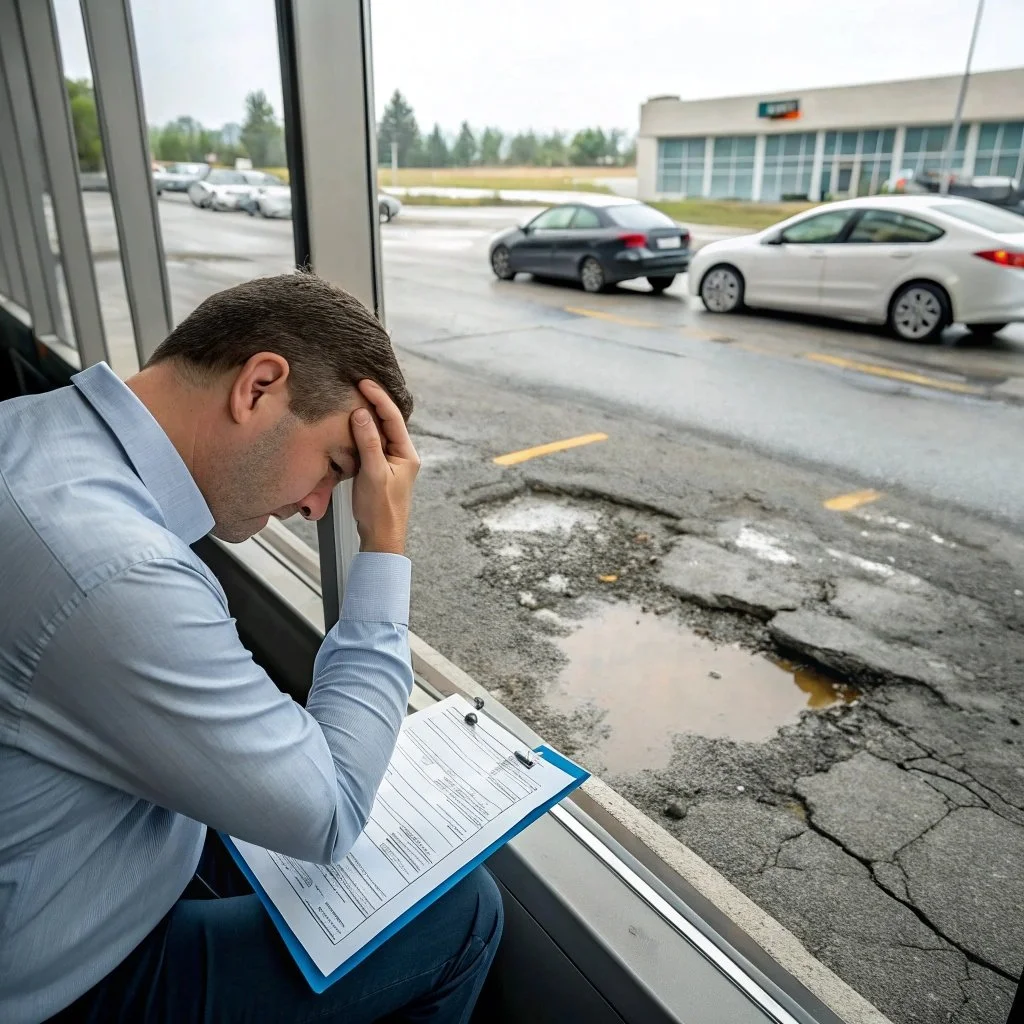 Man sitting inside a building, looking distressed, holding his head with one hand, with a clipboard in his lap. Outside the window, there are potholes and several parked cars in a parking lot.