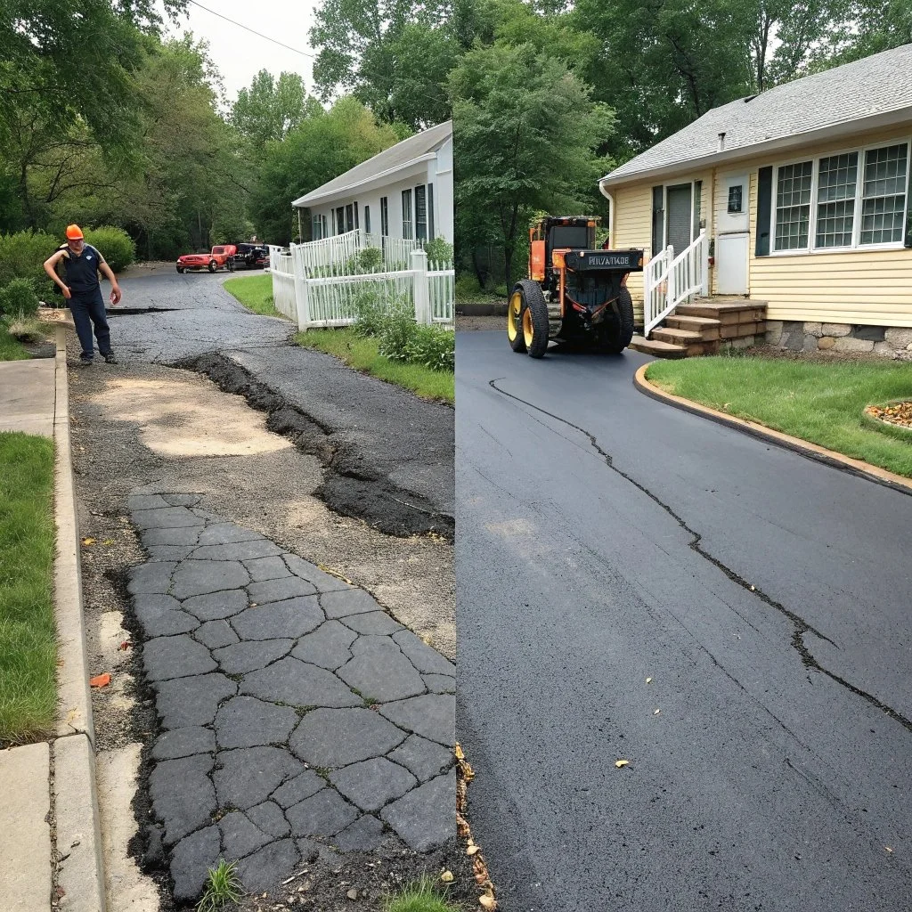 A side-by-side comparison of a driveway before and after repair. The left side shows a damaged, cracked driveway with asphalt and visible holes, with a worker inspecting it. The right side shows the same driveway fully resurfaced with fresh, smooth black asphalt and new curbing, with a small road roller parked nearby.