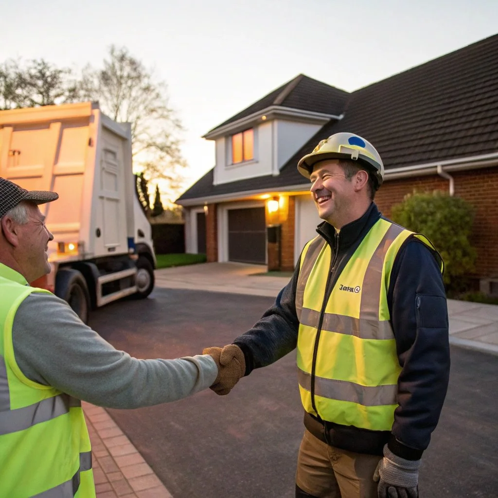 Two men in reflective safety vests shaking hands outside a house during sunset.