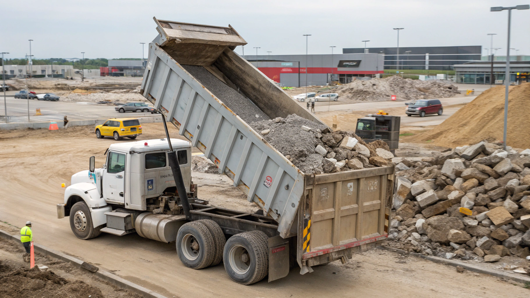 A dump truck pouring gravel at a construction site with rocky piles and construction workers in the background.