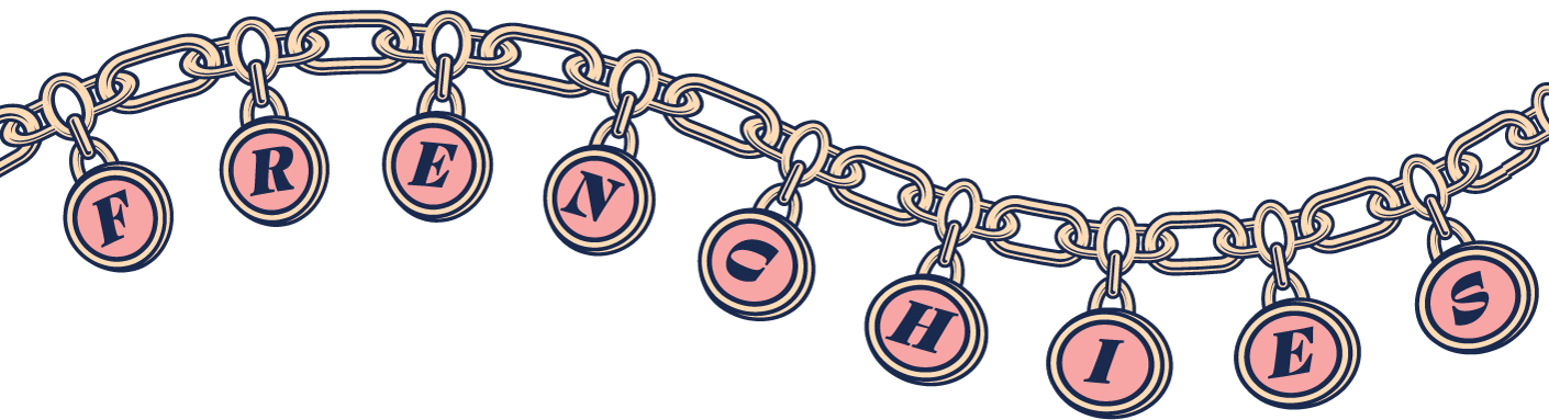 A necklace with charm pendants spelling out "FRENCHIES" on a black background.