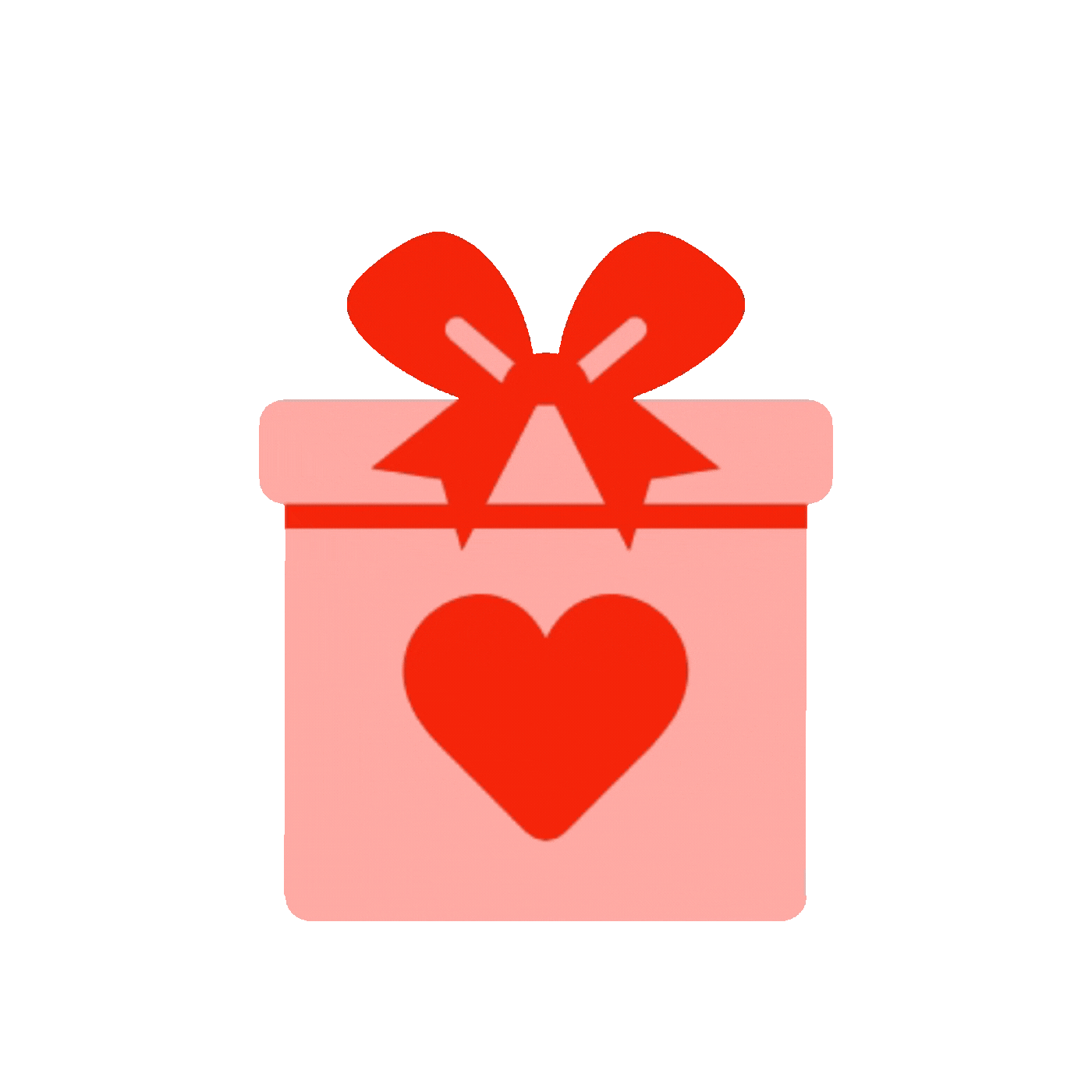 A pink gift box with a red heart on it, topped with a red bow, set against a pink background.