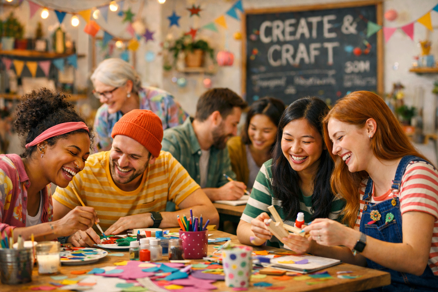 Group of diverse people enjoying a craft activity together in a colorful, festive craft room with bunting and decorations, smiling and sharing a joyful moment.