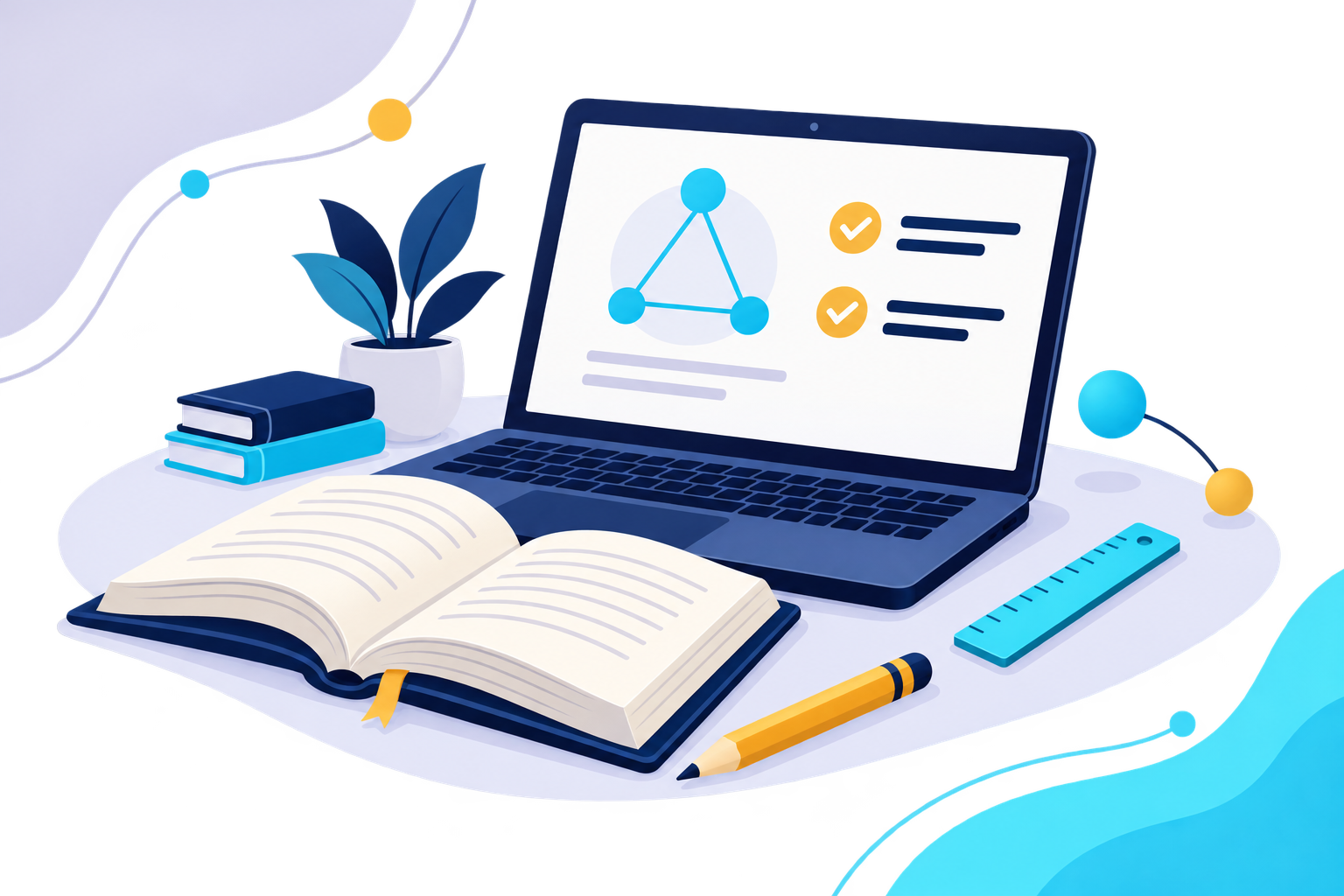 A study desk with an open book, a laptop displaying a diagram with checkmarks, a ruler, a pen, a stack of books, a plant in a white pot, and some colorful decorative balls.