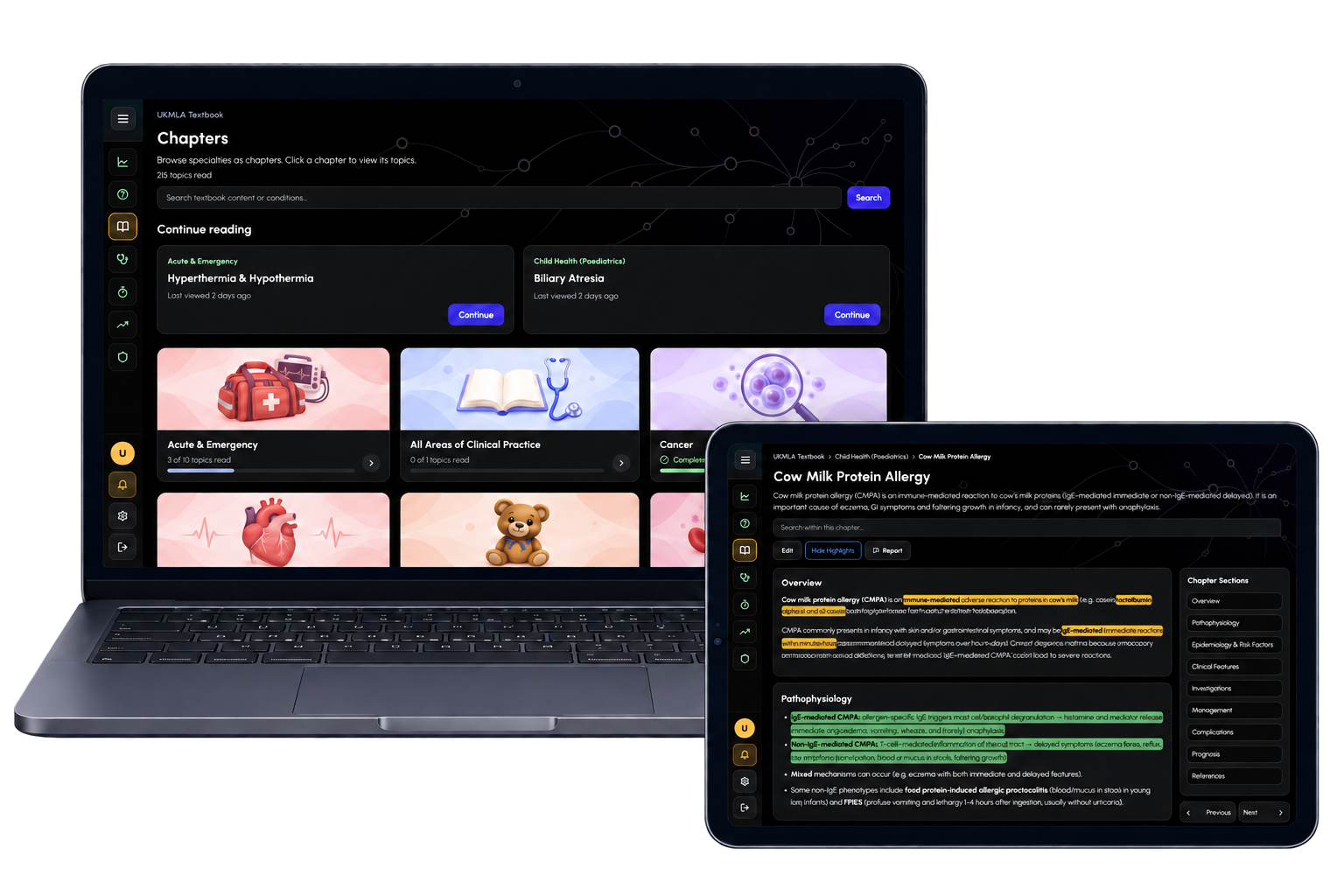 A black laptop displaying an online medical textbook interface with chapters, topics, and medical illustrations on the screen.