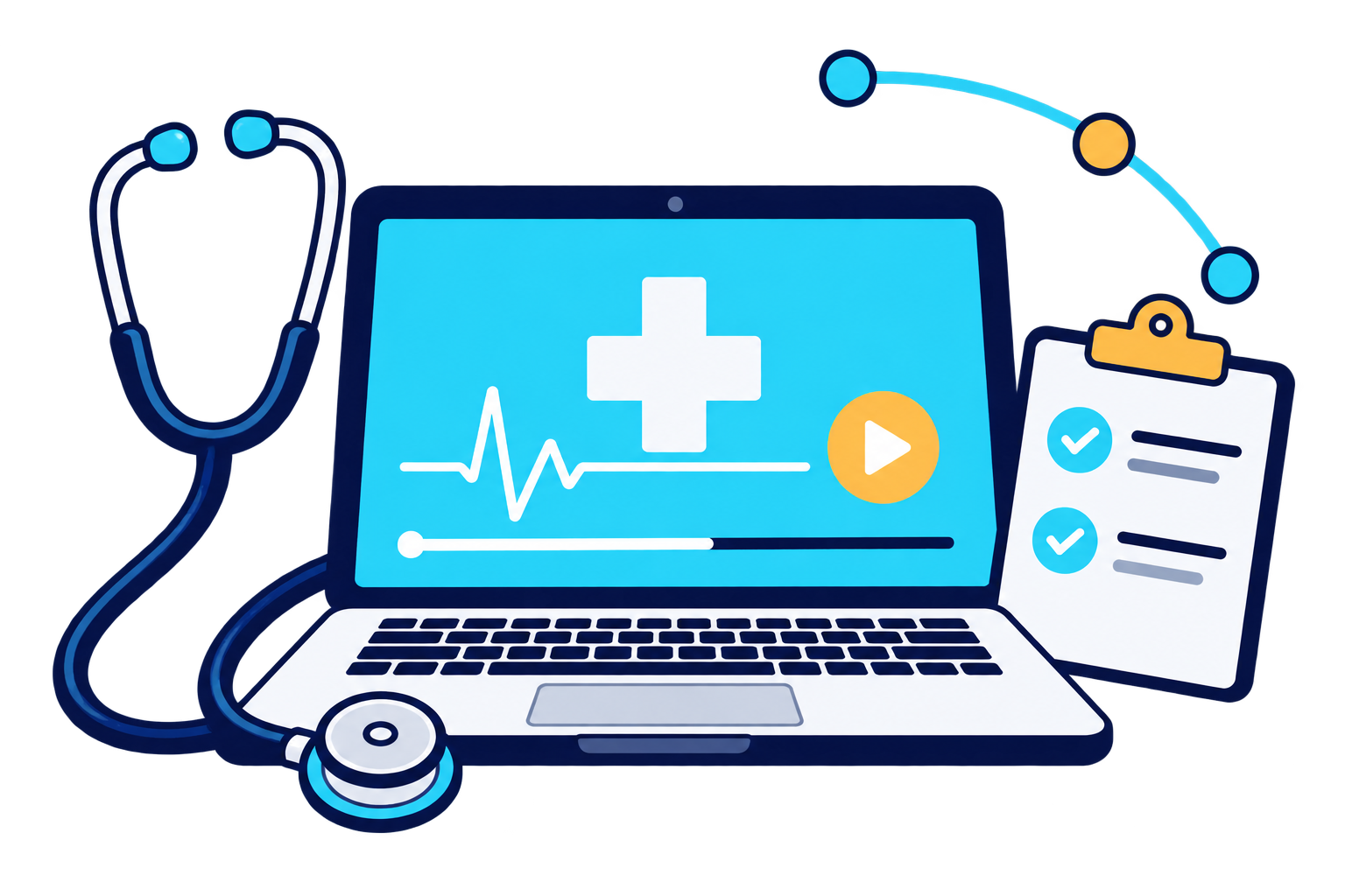 Digital illustration of a healthcare concept with a laptop, stethoscope, clipboard, and medical symbols, indicating telemedicine or digital health services.