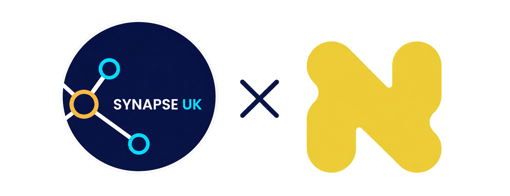 A graphic featuring the Synapse UK logo, a chain link symbol, the text 'x', and a large gold letter 'N'.