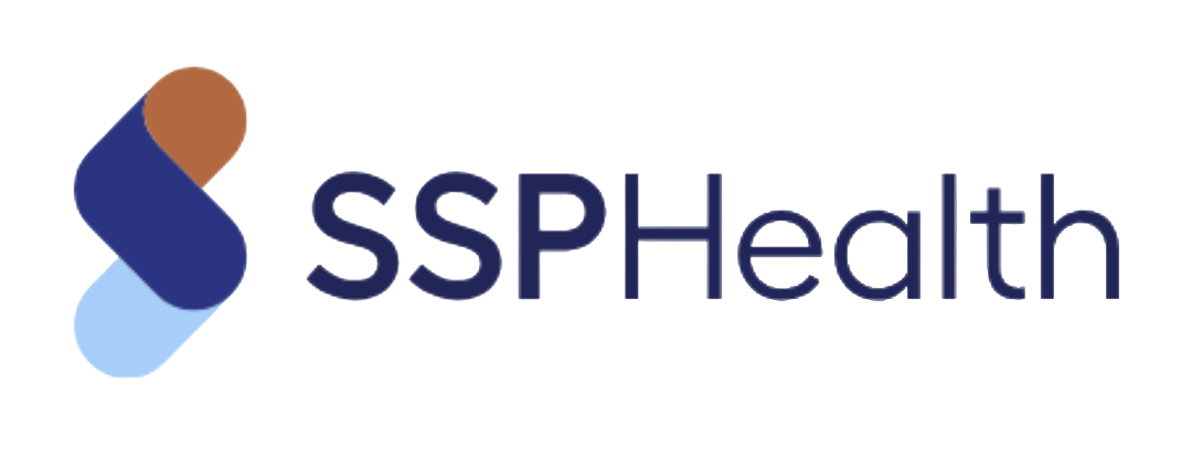 Logo for SSPHealth featuring an abstract icon in shades of blue, brown, and light blue, with the text 'SSPHealth' in blue and purple.