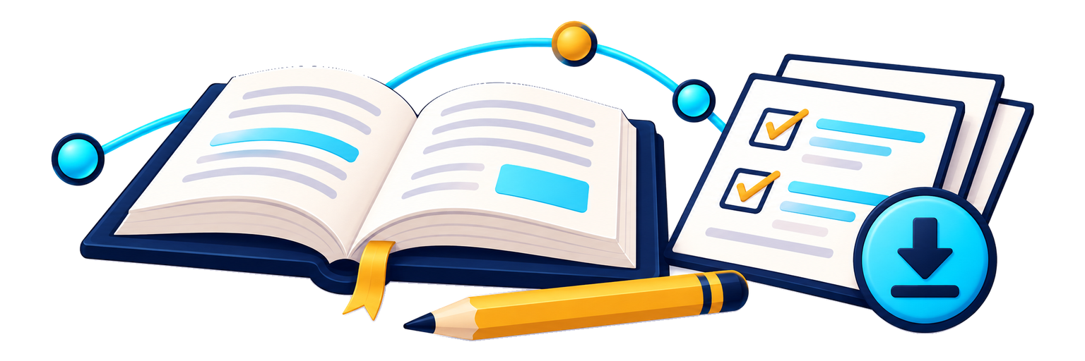 Digital illustration of an open book, checklist papers with checkmarks, a yellow pencil, and a download button, symbolizing studying or document management.