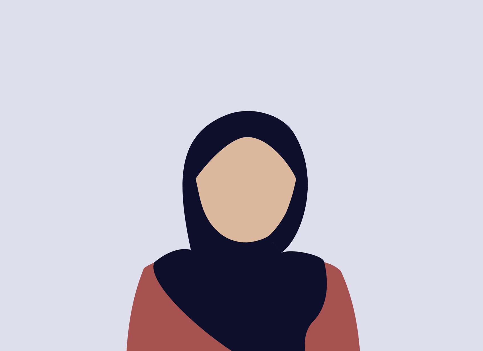 Minimalist digital illustration of a person wearing a black headscarf and red clothing, with a plain beige face and a solid blue background.