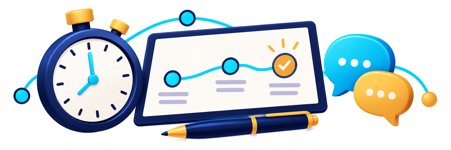 Illustration of a stopwatch, a clipboard with a progress chart, a pen, and speech bubbles.