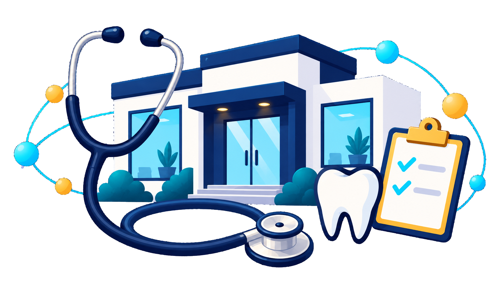 Illustration of a modern dental clinic building surrounded by dental tools such as a stethoscope, a tooth, a clipboard with checkmarks, and an apple, symbolizing dentistry and healthcare.