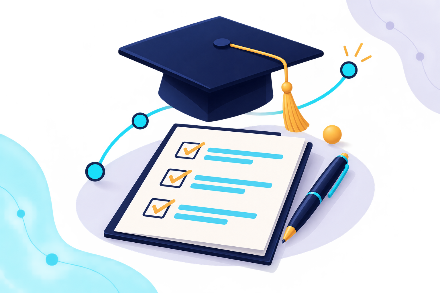 A checklist with three checked items on a clipboard, a pen beside it, and a graduation cap above, representing education and achievement.