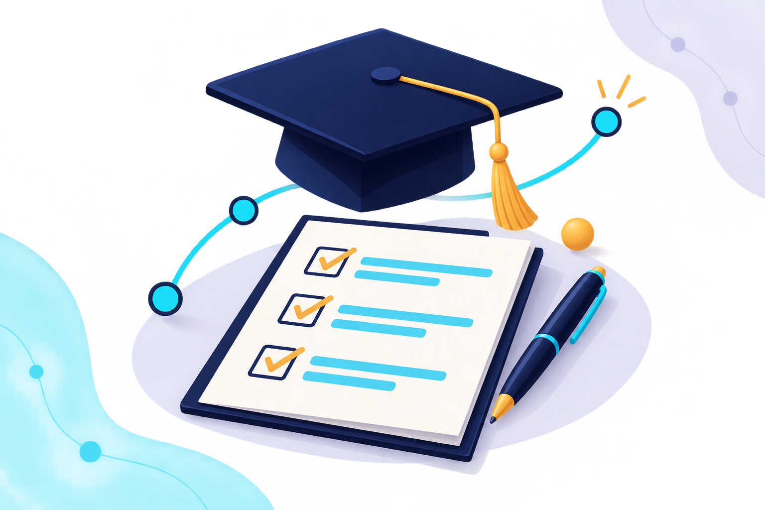 An illustration of a graduation cap, a checklist with three items checked off, a pen, and a floating golden sphere. The background includes abstract elements and a glowing path connecting the objects.