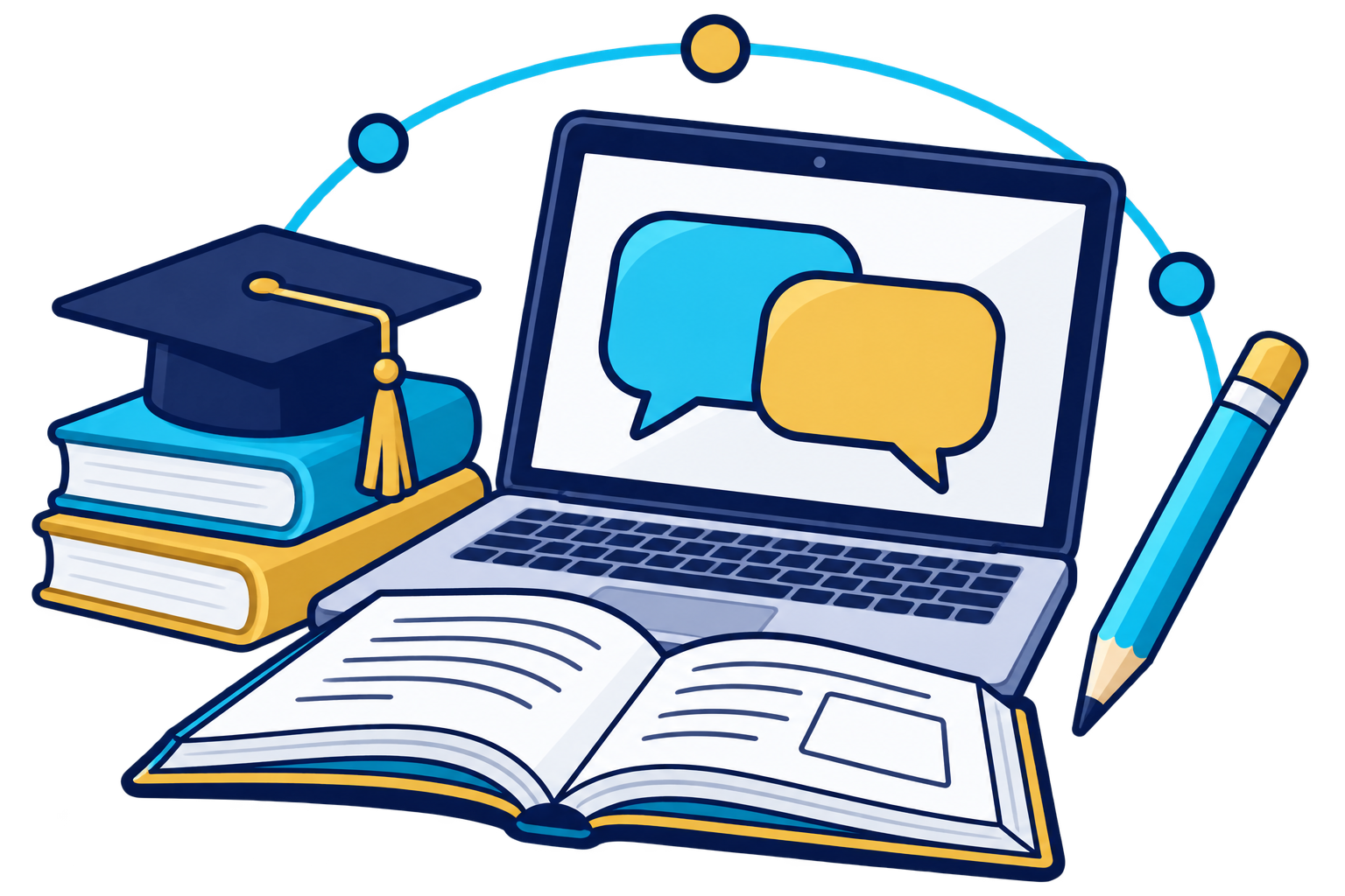 Digital illustration of online education setup featuring a laptop with speech bubbles on the screen, stacked books, a graduation cap, an open book, and a pencil, all set against a dark background with a glowing arc.
