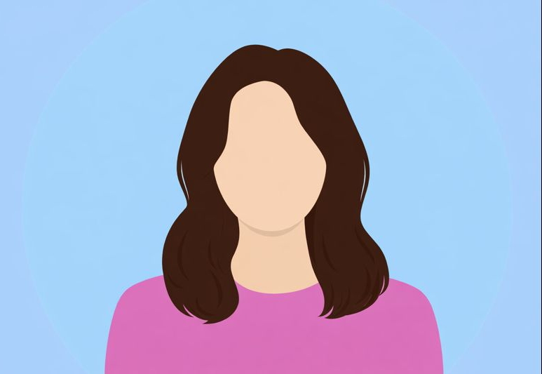 Digital illustration of a person wearing glasses and a black hijab, with a brown background.