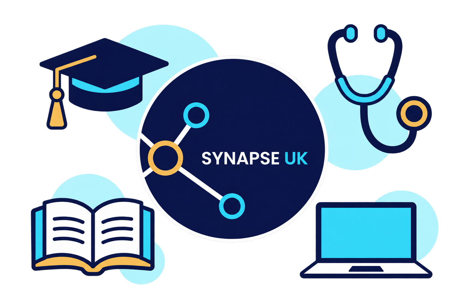 Graphic illustration with a central circle reading 'SYNAPSE UK', surrounded by icons of a graduation cap, stethoscope, open book, and a computer monitor, symbolizing education, healthcare, and technology.