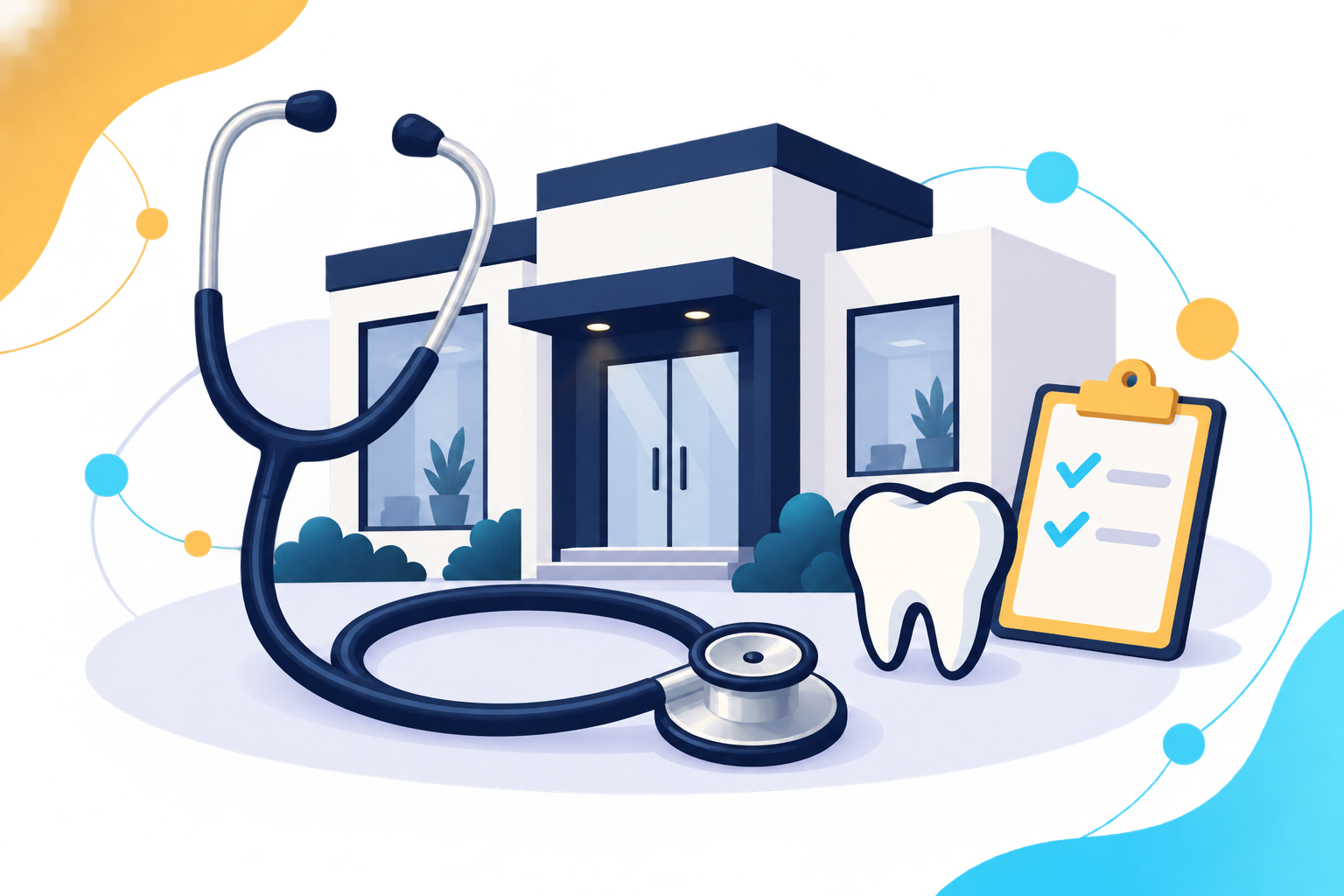 A digital illustration of a modern dental clinic with a stethoscope, a tooth, a clipboard with checkmarks, and indoor plants in the window.