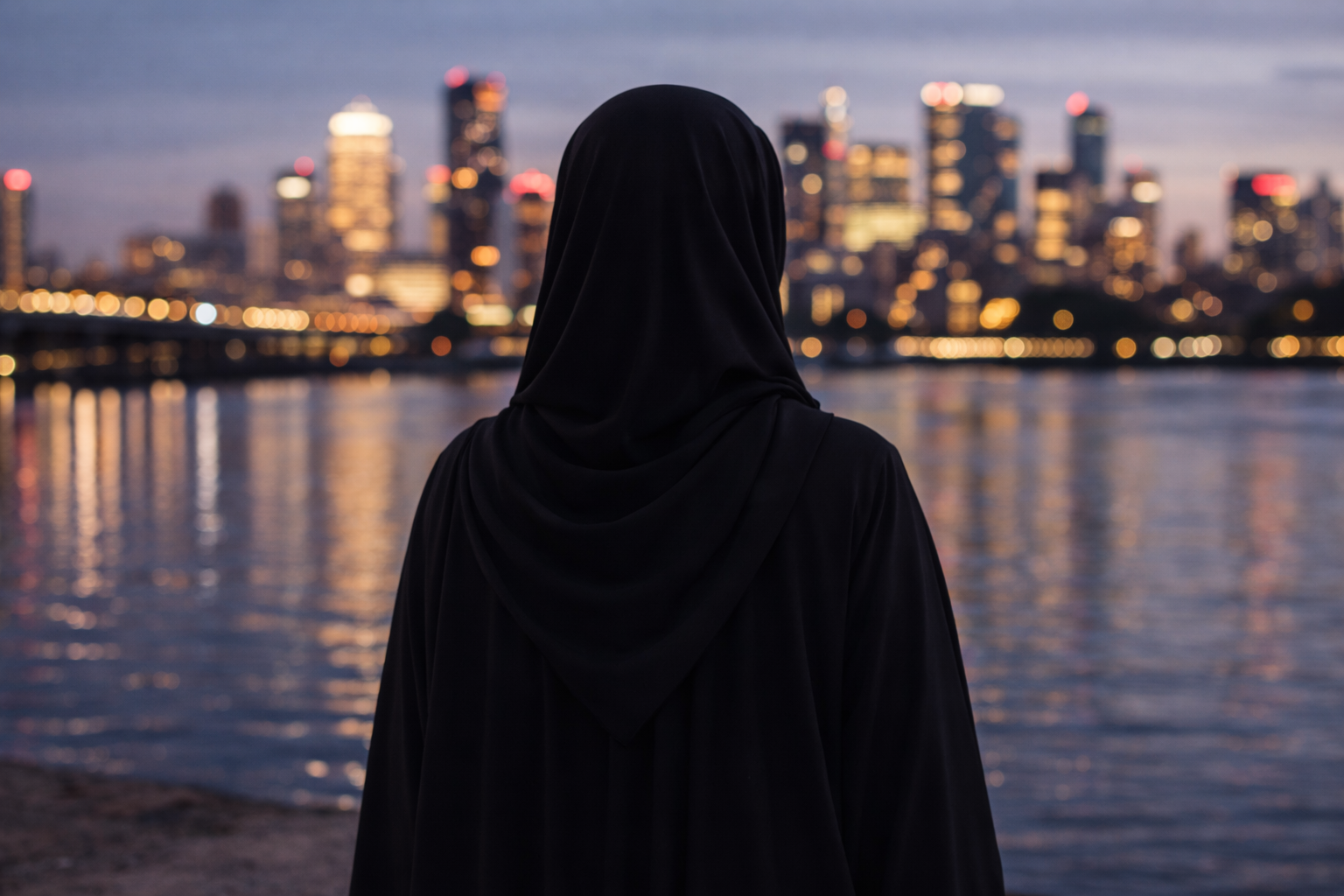 Minimalist digital illustration of a faceless woman wearing a black hijab on a pink background.