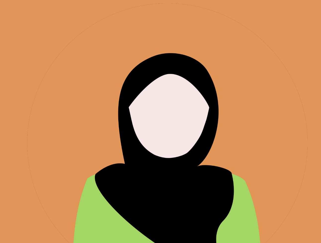 Minimalist illustration of a faceless woman wearing a black hijab and light green shirt against an orange background.