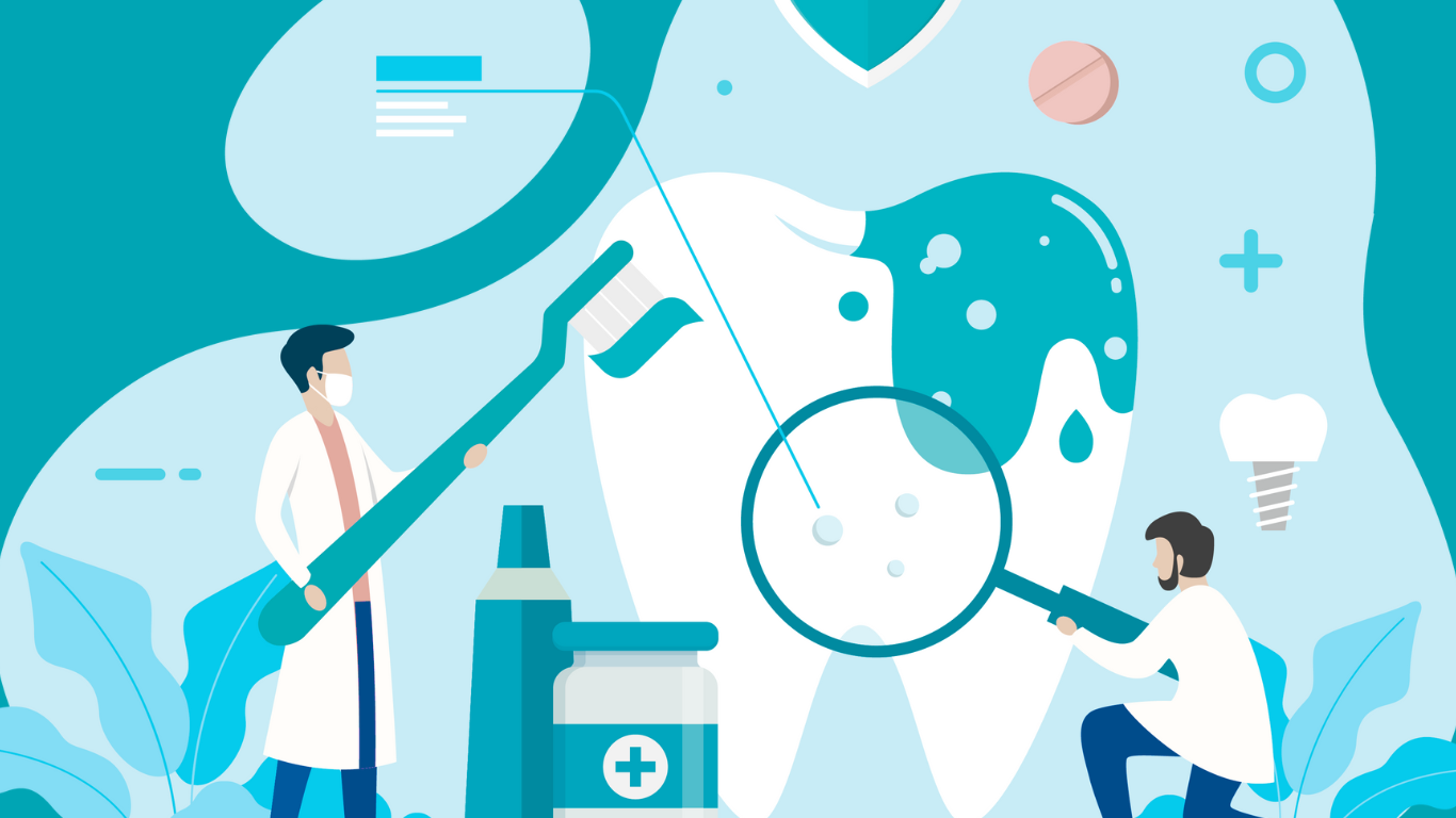 Illustration of two scientists studying a giant tooth, with tools like a magnifying glass and a probing device. The scene depicts dental research or examination.