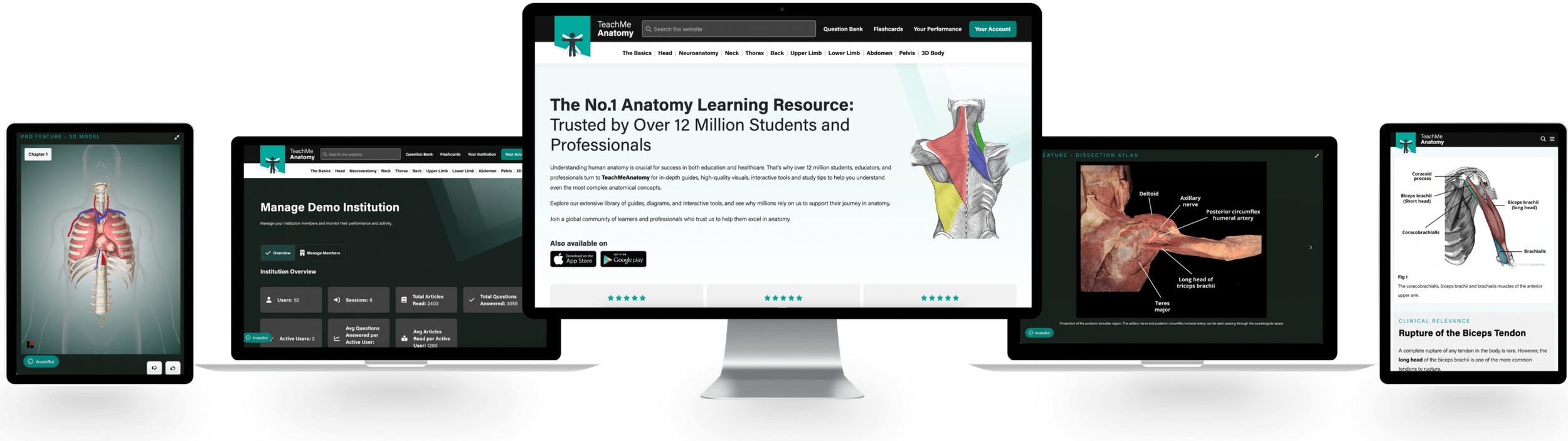 Screenshot of an online anatomy learning platform with various devices displaying anatomy diagrams, text, and multimedia educational content.
