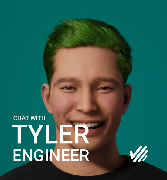 A young man with green hair smiling at the camera, with text overlay saying "Chat with Tyler Engineer."