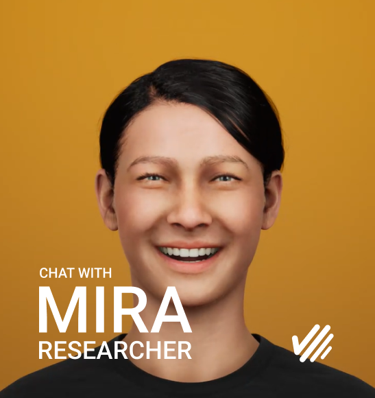 A smiling woman with short dark hair against a yellow background, with text reading "Chat with Mira Researcher."