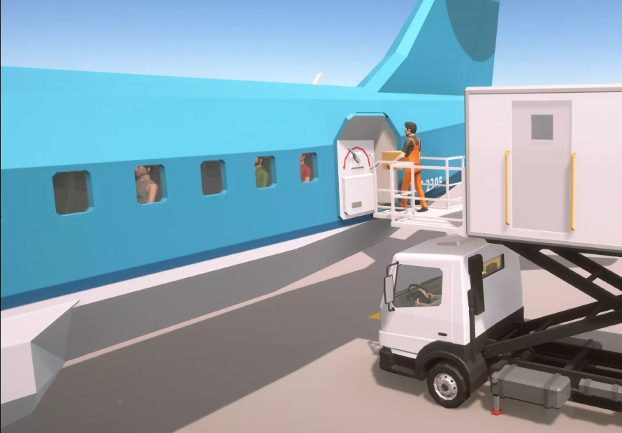 An animated scene of people boarding an airplane via a jet bridge at an airport, with a ground crew member assisting and a baggage cart nearby.
