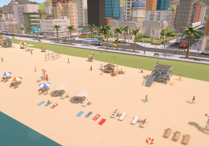 Beach scene with umbrellas, lounge chairs, people sunbathing, playing volleyball, and walking along the sandy shore, with a cityscape and palm trees in the background.