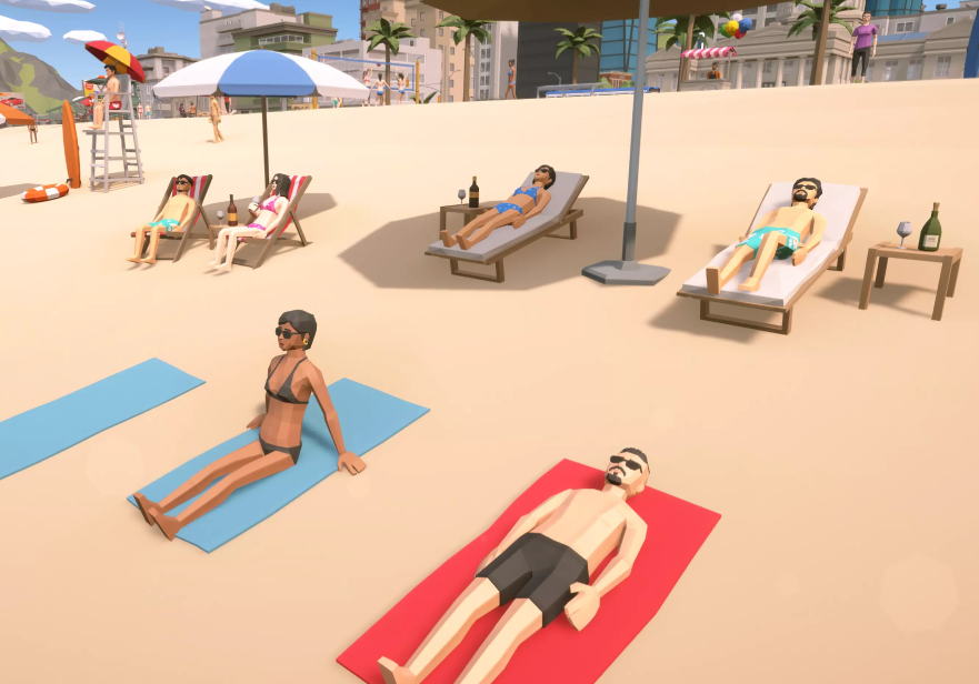 People relaxing on beach chairs and towels under umbrellas on a sunny beach, with some drinking drinks and in swimwear.