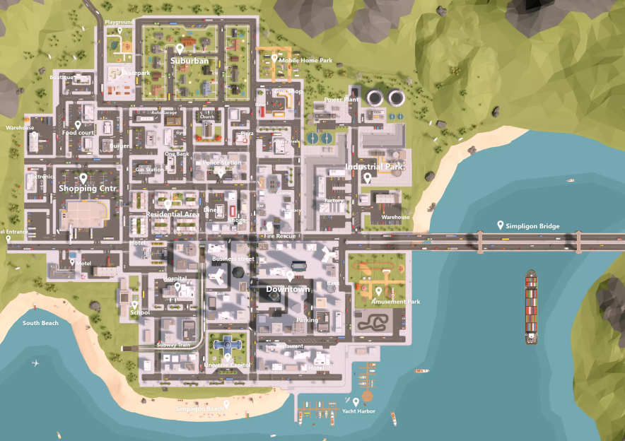 A detailed map of a city with labeled areas including residential, commercial, industrial zones, parks, beaches, and transportation hubs, with water bodies and bridges connected to the mainland.