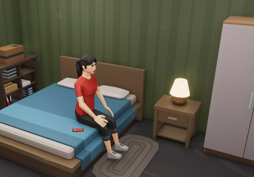 A virtual illustration of a woman sitting on a bed in a bedroom, with a nightstand, table lamp, bookshelf, and wardrobe visible.