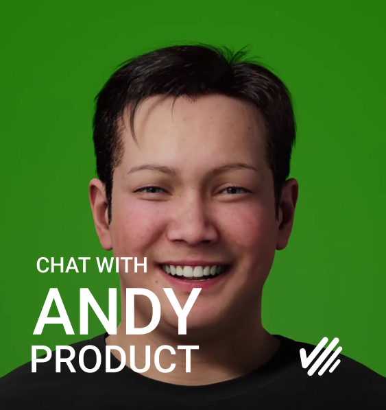 Close-up of smiling young man with short dark hair against a green background, with text overlay reading 'Chat with Andy Product'.