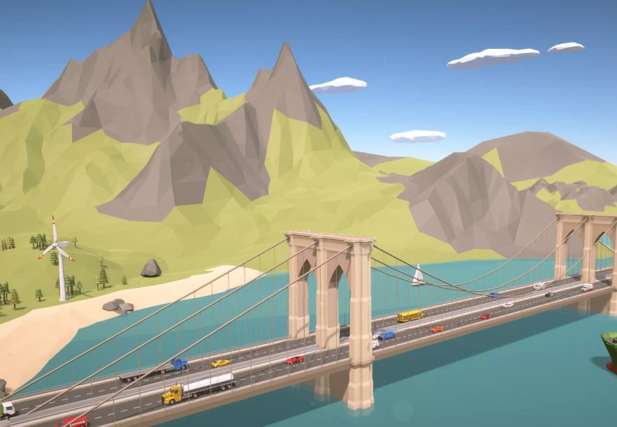 Digital illustration of a large bridge spanning a body of water, with mountains and hills in the background, a wind turbine on the left, and a colorful truck with cars on the bridge.