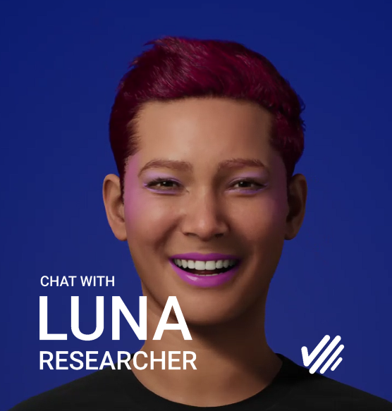 A smiling woman with short, dyed red hair and purple lipstick, posing against a solid blue background. Text overlay reads: 'Chat with Luna Researcher'.