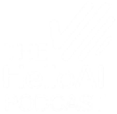 Logo for 'The Hello AI Podcast' featuring stylized 'V' shape with lines above, in black and white.