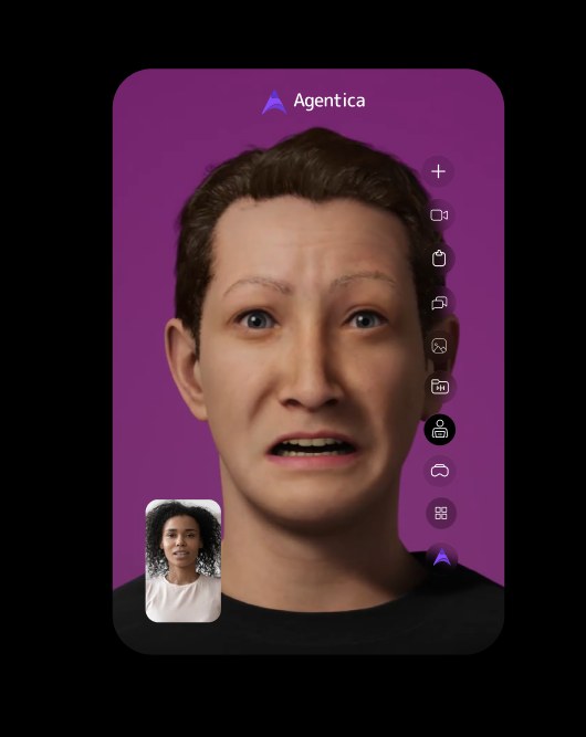 Screenshot of a video call between two women, one with short brown hair and a concerned expression, and another with curly hair, with a purple background and a menu bar on the right.
