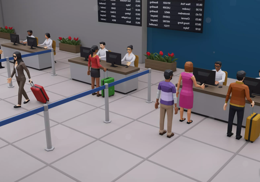 Passengers at an airport check-in counter with airline staff assisting, digital departure board overhead, and travelers with luggage and backpacks.
