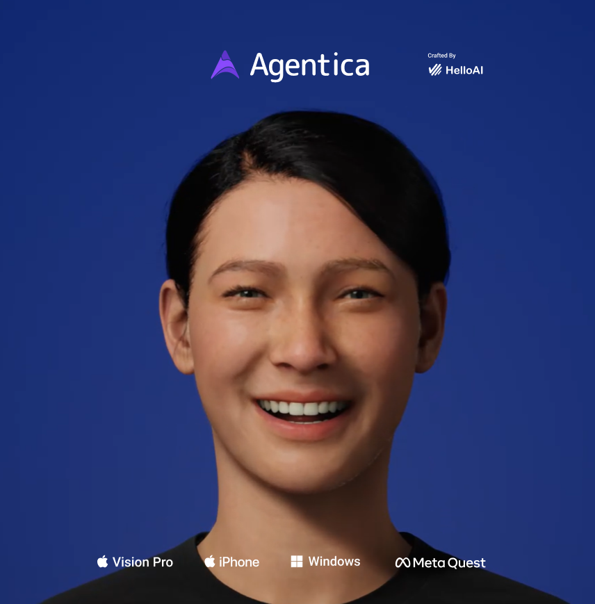 Graphic with a smiling woman with short dark hair against a blue background. Contains logos for Agentica, HelloAI, Vision Pro, iPhone, Windows, and Meta Quest.