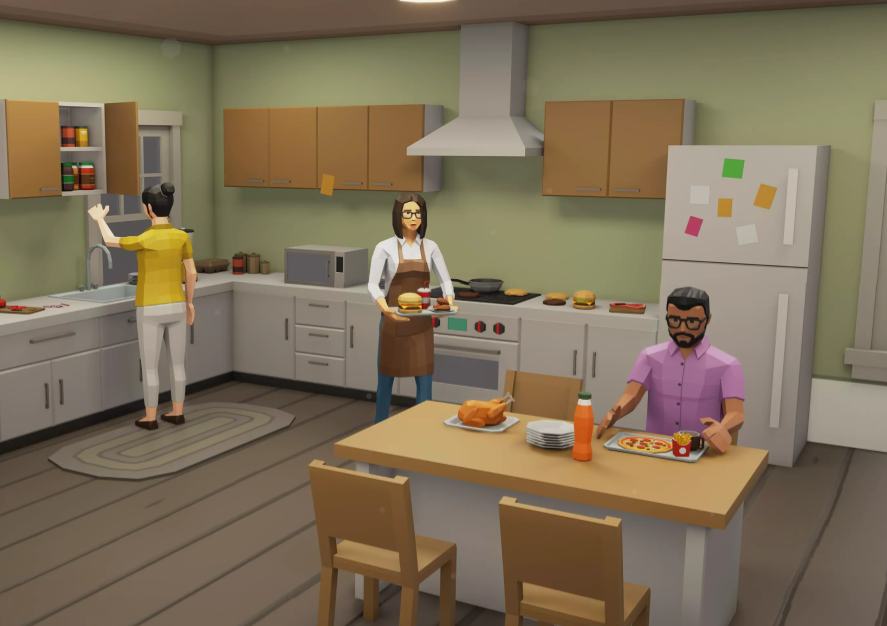 A cartoon illustration of a kitchen with three people. One person is at the sink, another person is carrying plates with food, and a third person is sitting at the table eating pizza.