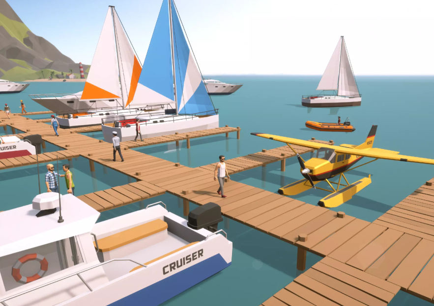 Illustration of a marina with boats, sailboats, a seaplane, and people walking on wooden docks.