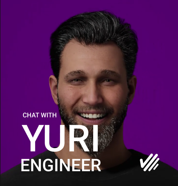 A smiling man with dark hair and a beard, wearing a black shirt, against a purple background, with the text 'Chat with Yuri, Engineer' overlaid.