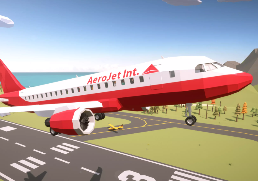 Animated airplane with AeroJet Int. branding parked on a runway near a grassy area with trees, mountains in the background, and a clear blue sky.