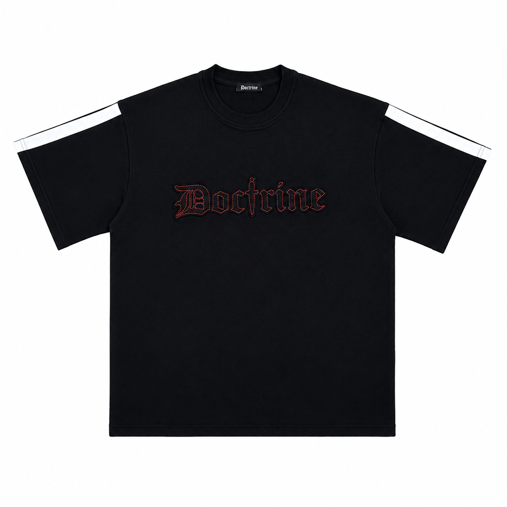 FRENCH TERRY SHORT SLEEVE APPLIQUE EMBROIDERED T-SHIRT WITH RACING STRIPES ON SLEEVES