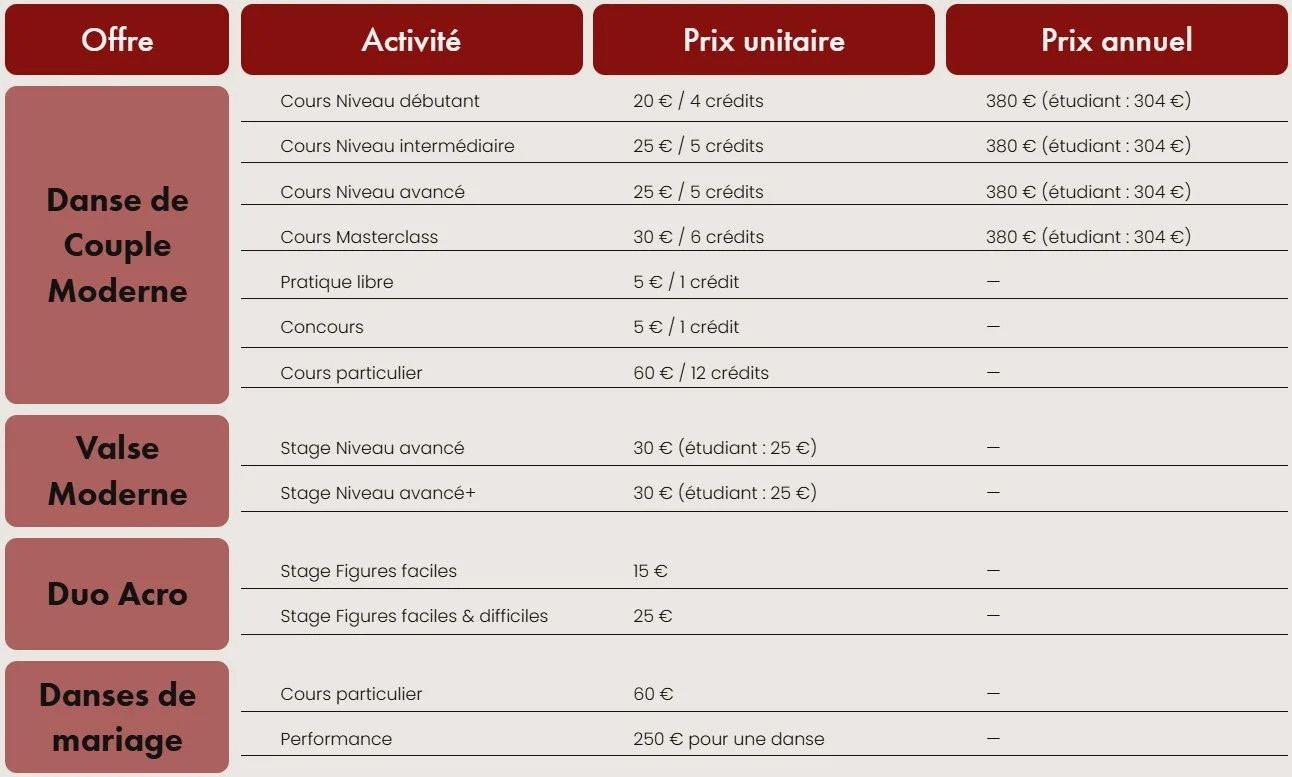 Tableau des tarifs 2026-2027