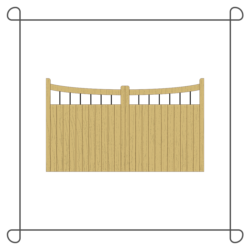 Wooden Arched Top Driveway Gate – Spindles & Tongue and Groove – 'Reverse Crescent'