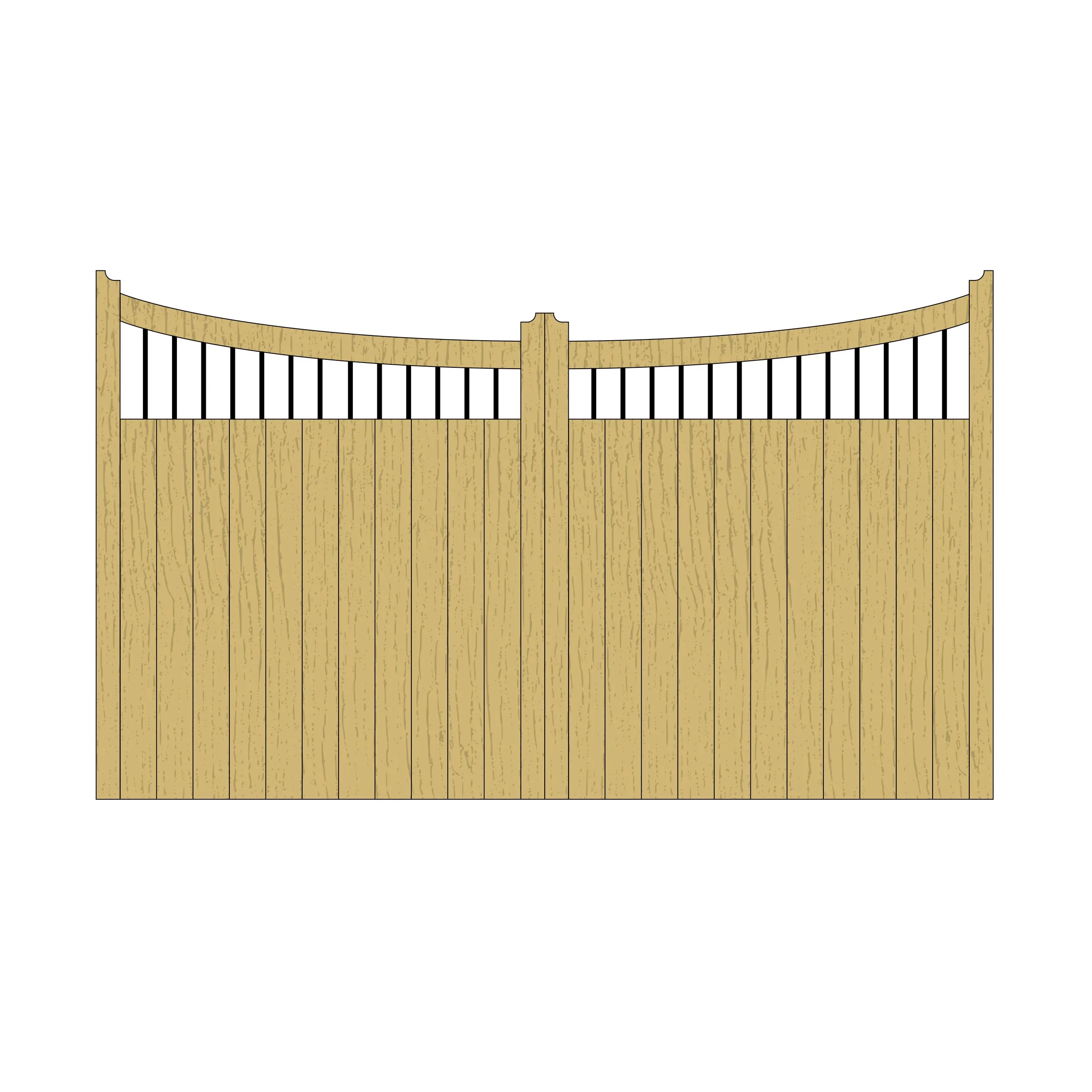 Wooden Arched Top Driveway Gate – Spindles & Tongue and Groove – 'Reverse Crescent'