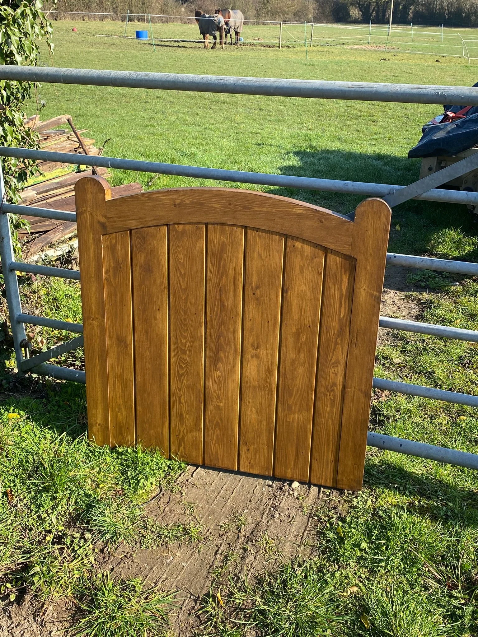 A backyard with a wooden gate, a gravel pathway, a garden bed, a lush green lawn, and a house with many windows and a brick chimney, surrounded by trees and bushes.